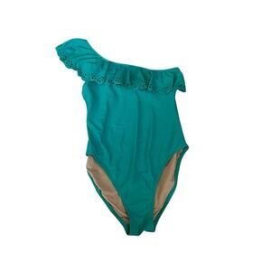 J.Crew Factory Teal One Piece One Shoulder Ruffle Eyelet Neckline Swimsuit Med